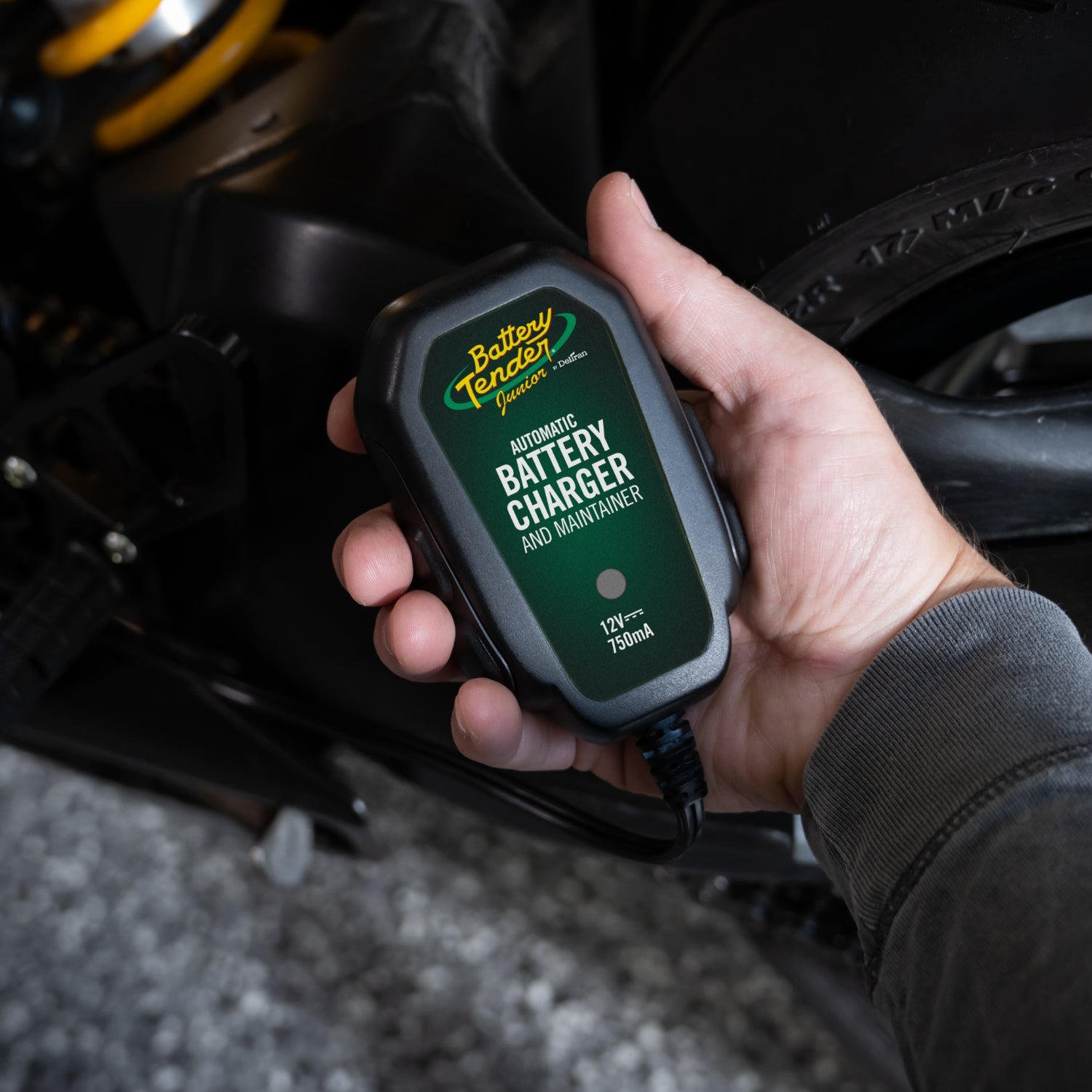 Battery Tender® charger maintaining a motorcycle battery for winter storage.