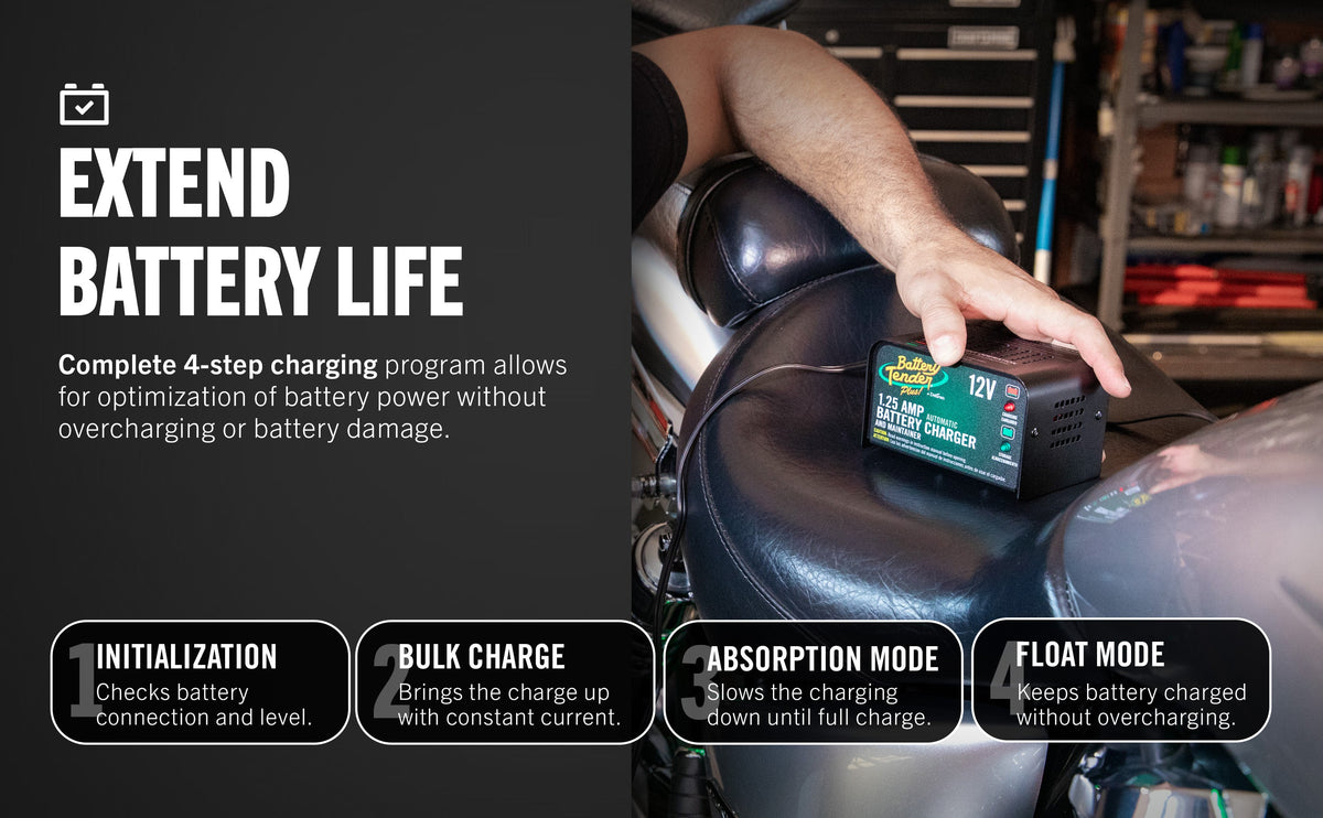 Battery Tender® charger connected to a 12V motorcycle battery in a garage workshop