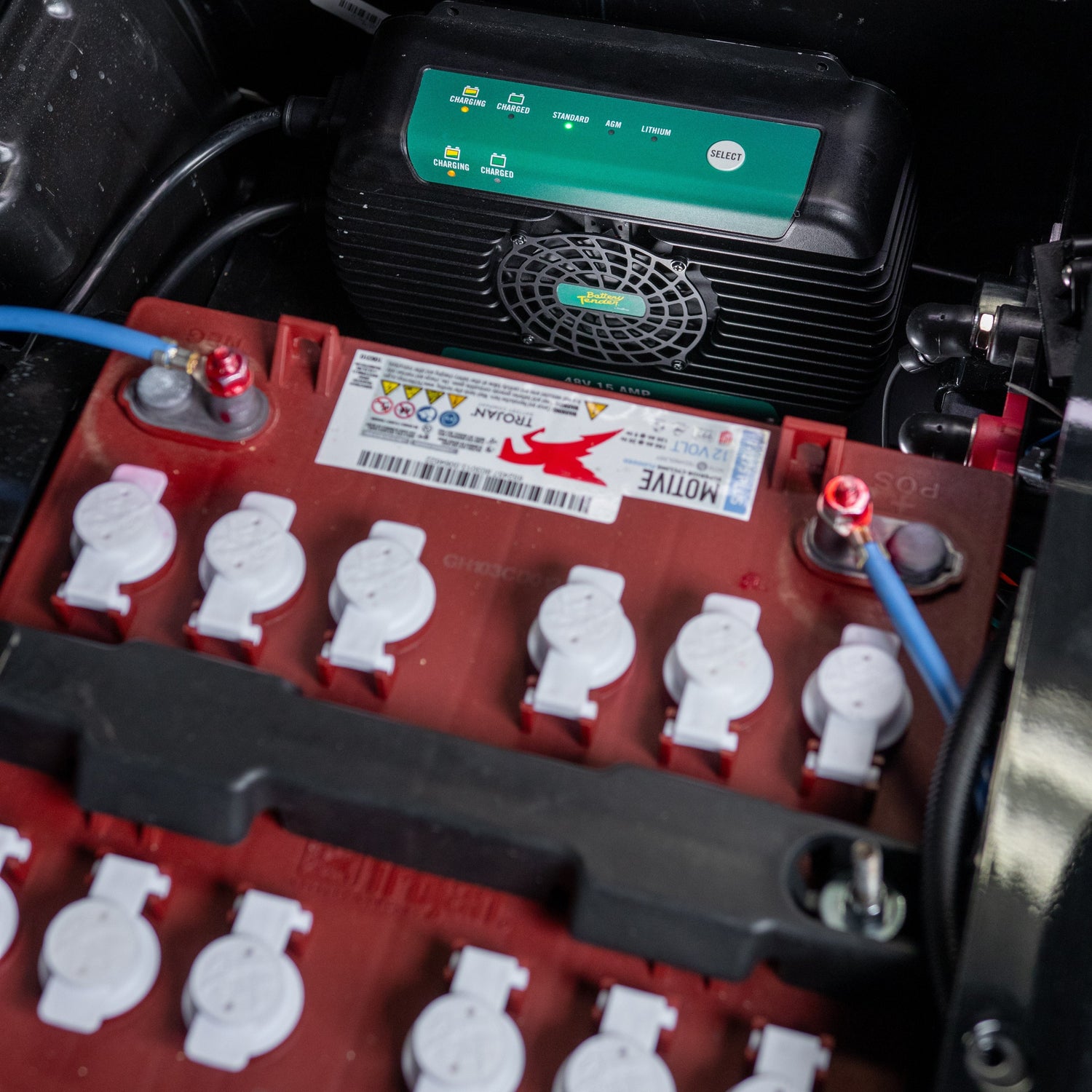 Battery Tender® battery charger connected to a golf cart.