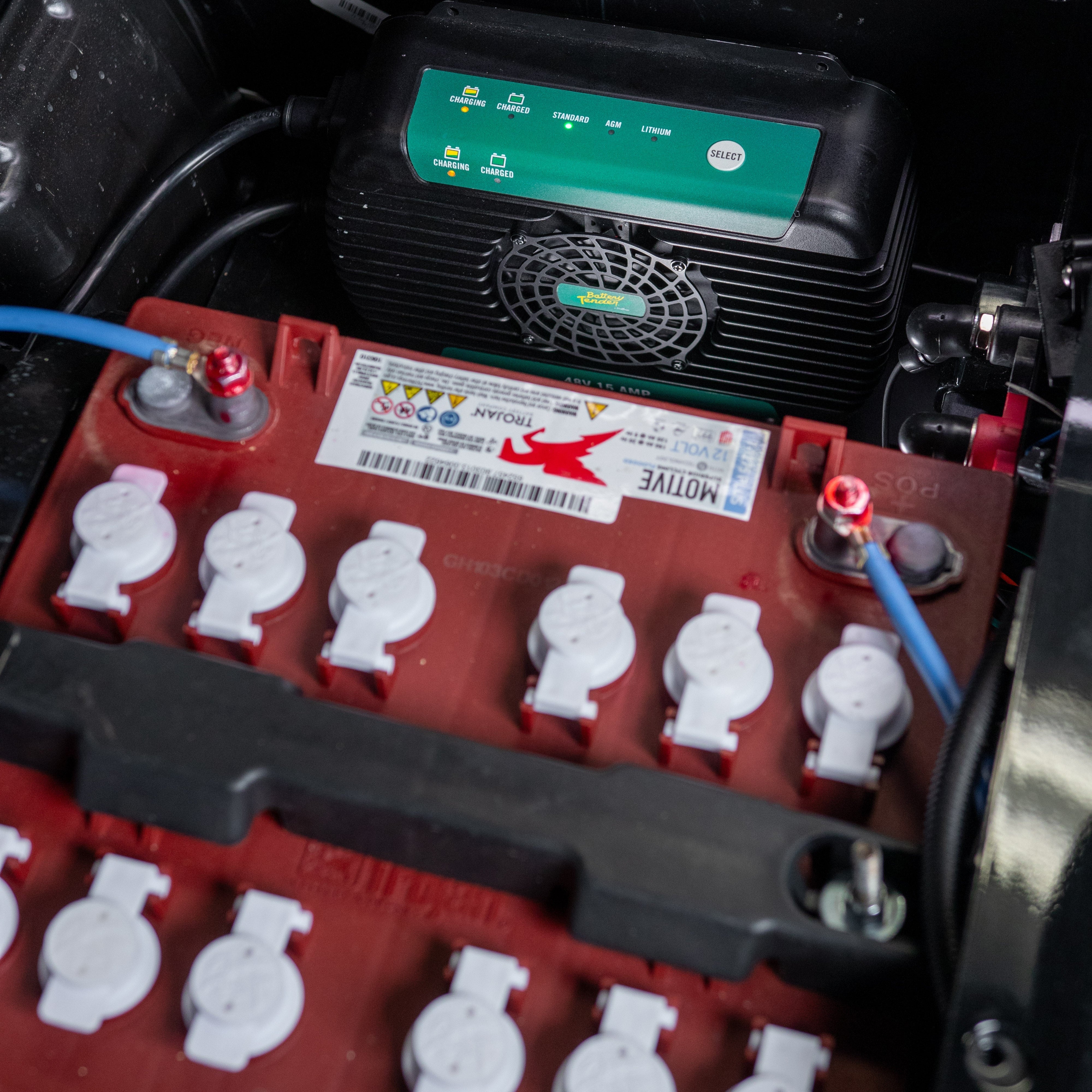 Battery Tender® battery charger connected to a golf cart.