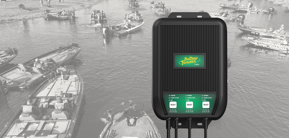 Battery Tender® 3 bank charger connected to three marine batteries aboard a docked boat
