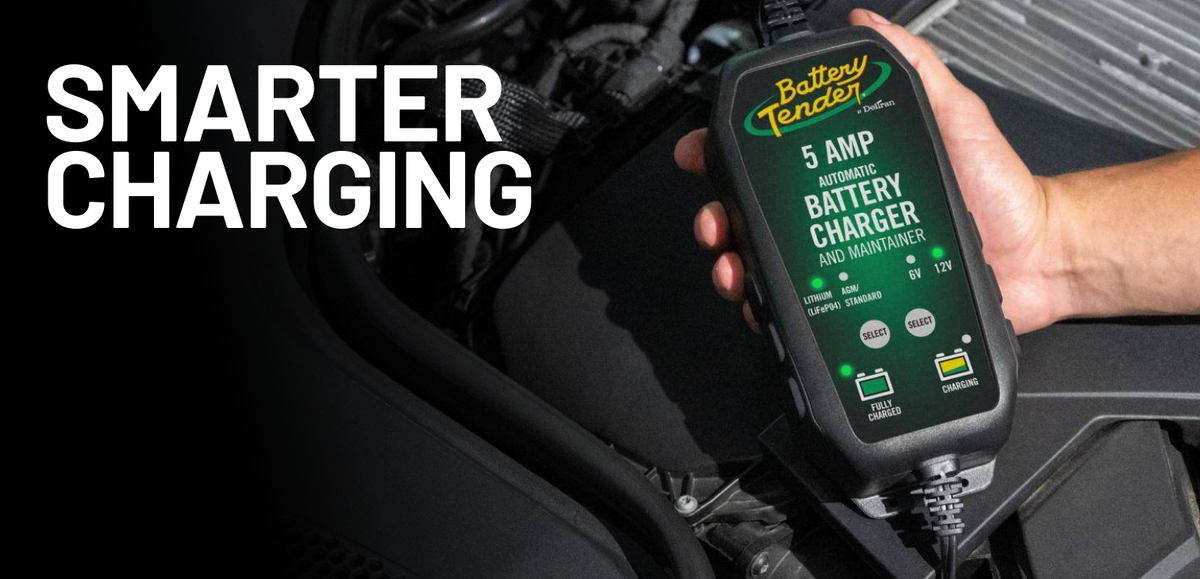 Battery Tender® smart charger connected to a car battery, offering a safer alternative to a basic trickle charger for ca