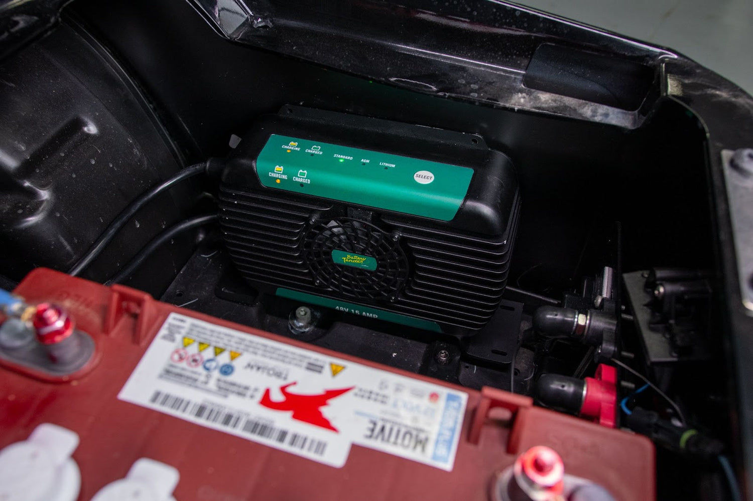 The Battery Tender PowerPlus 48V 15 AMP Battery Charger and Maintainer in a Golf Cart