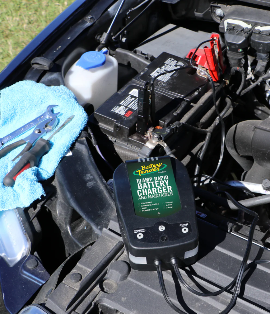 Battery Tender® charger connected to a car battery, showing how long it takes to charge a car battery safely.