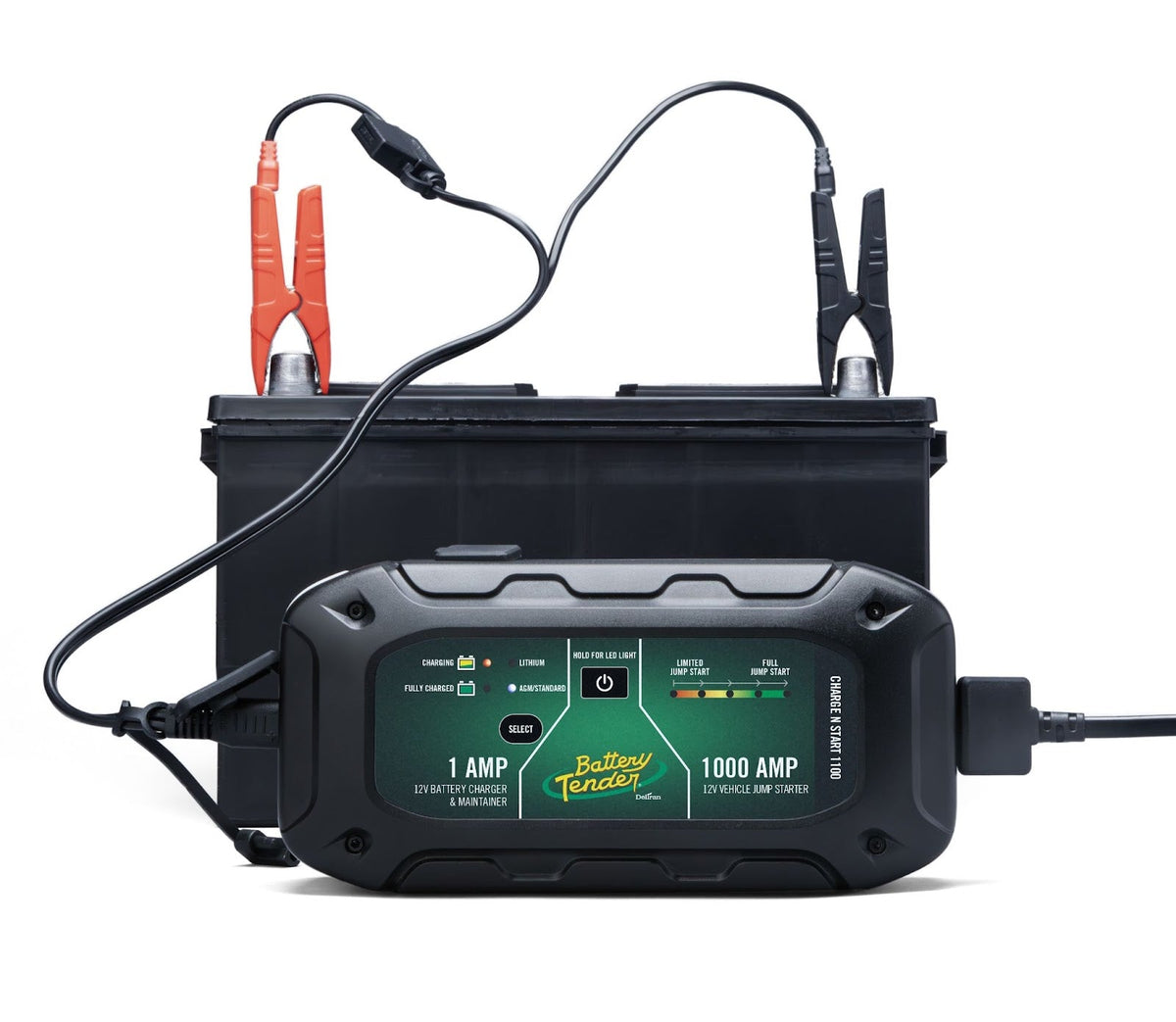 Battery Tender® smart charger connected to a car battery, comparing trickle charger and ISM charging modes
