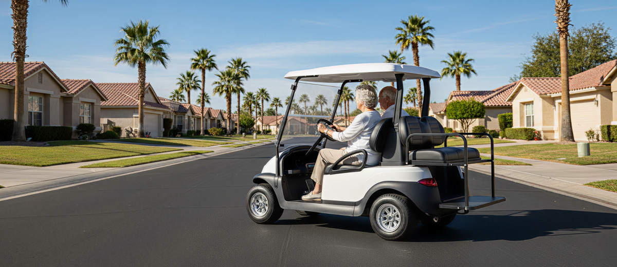 Battery Tender® golf cart battery charger connected to a deep-cycle battery in a parked golf cart