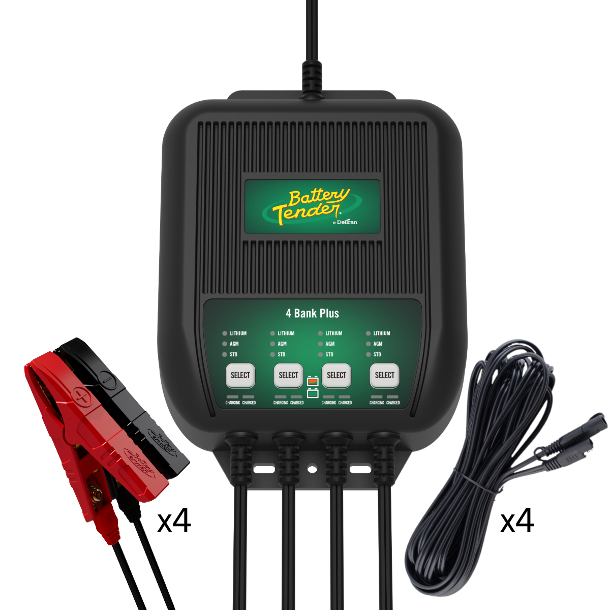 4-Bank, 1.25 AMP 12V Battery Charger with Four 25 Ft. Extension Cables Bundle