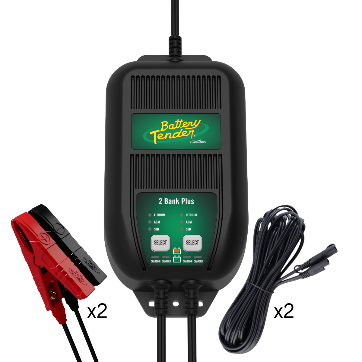 2-Bank, 1.25 AMP 12V Battery Charger with Two 25 Ft. Extension Cables Bundle